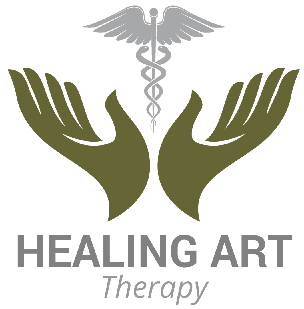 A logo for healing art therapy, with hands and medical symbol.